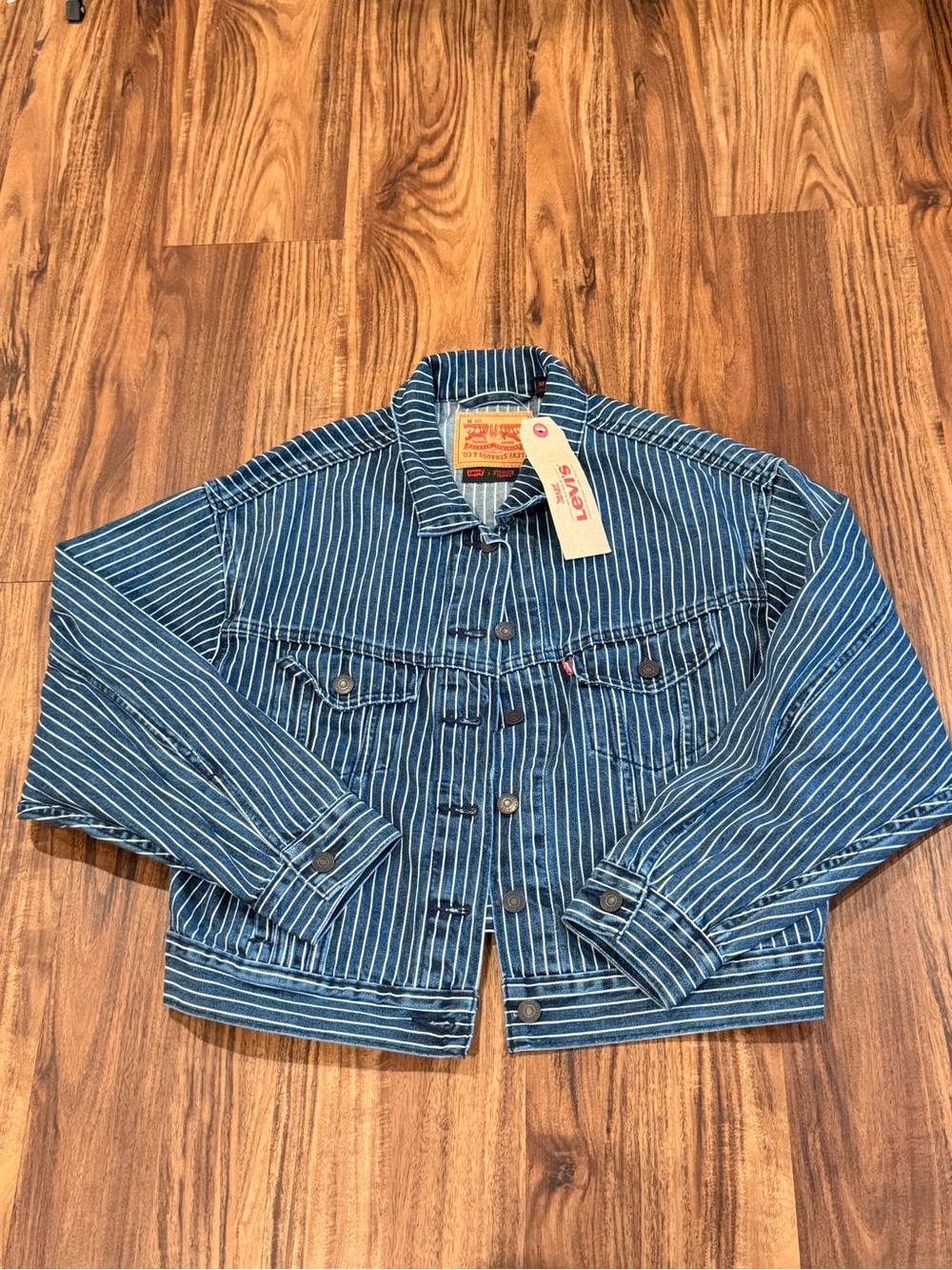 LEVIS x STRANGER THINGS Pinstripe Trucker Slouch Jean Jacket Womens Size Medium